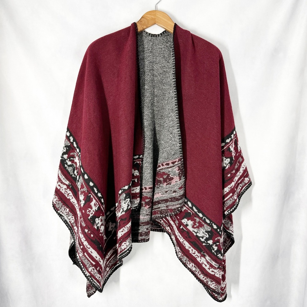 Christel Sweden 100% Wool Patterned Burgundy Poncho Wrap Women's Size OS